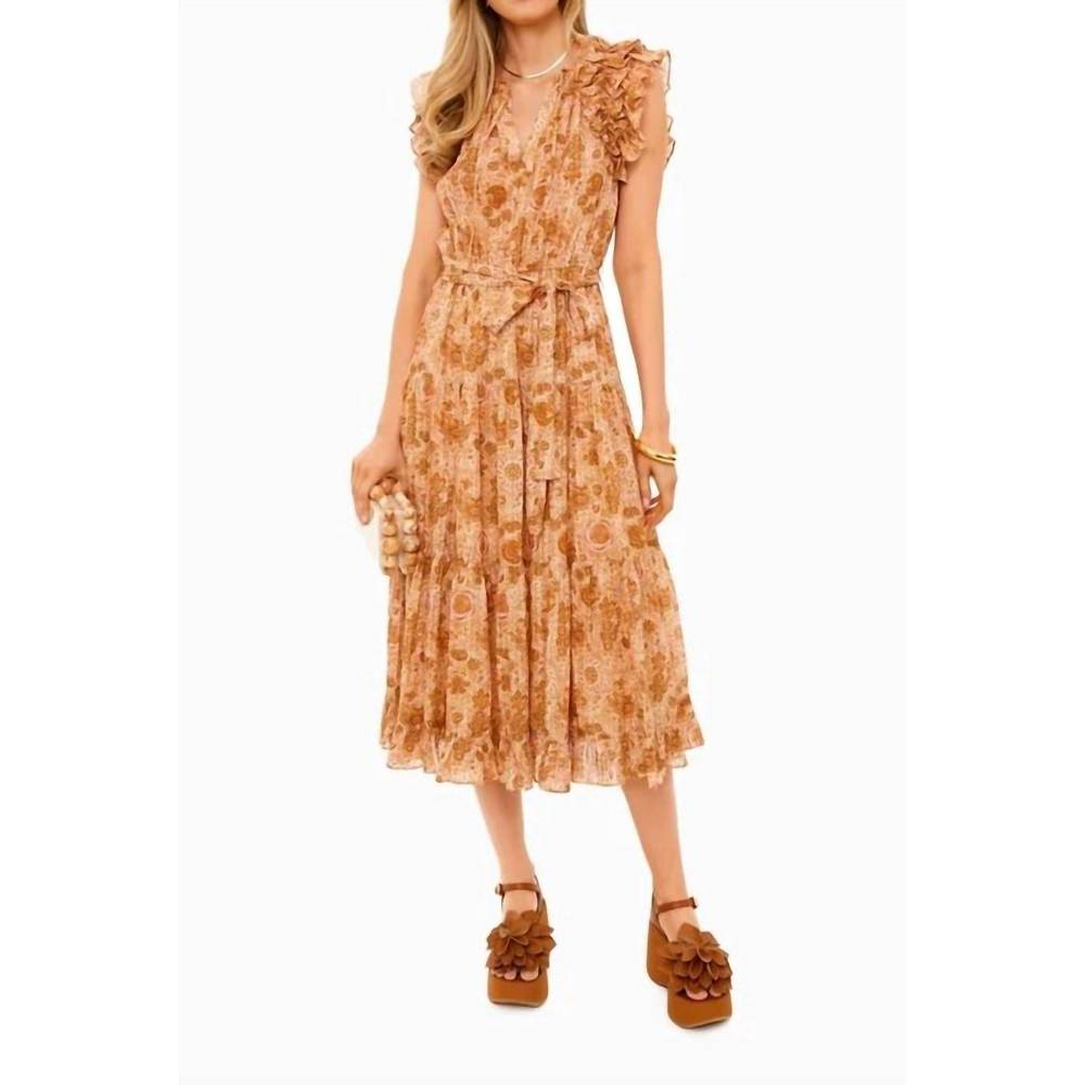 Ulla Johnson Floral Tiered Midi Dress in Warm Tan and Rust